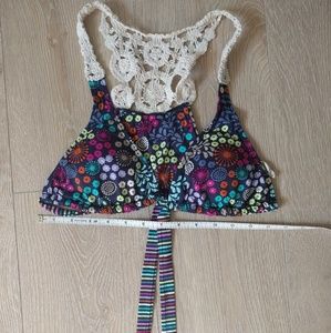 Billabong Crochet Floral/Striped Halter Bikini Top